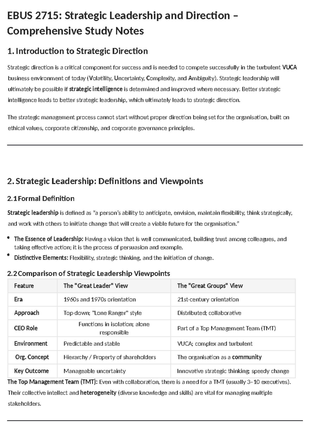 EBUS 2715: Strategic Leadership & Direction Study Notes - Unit 2 - Studocu