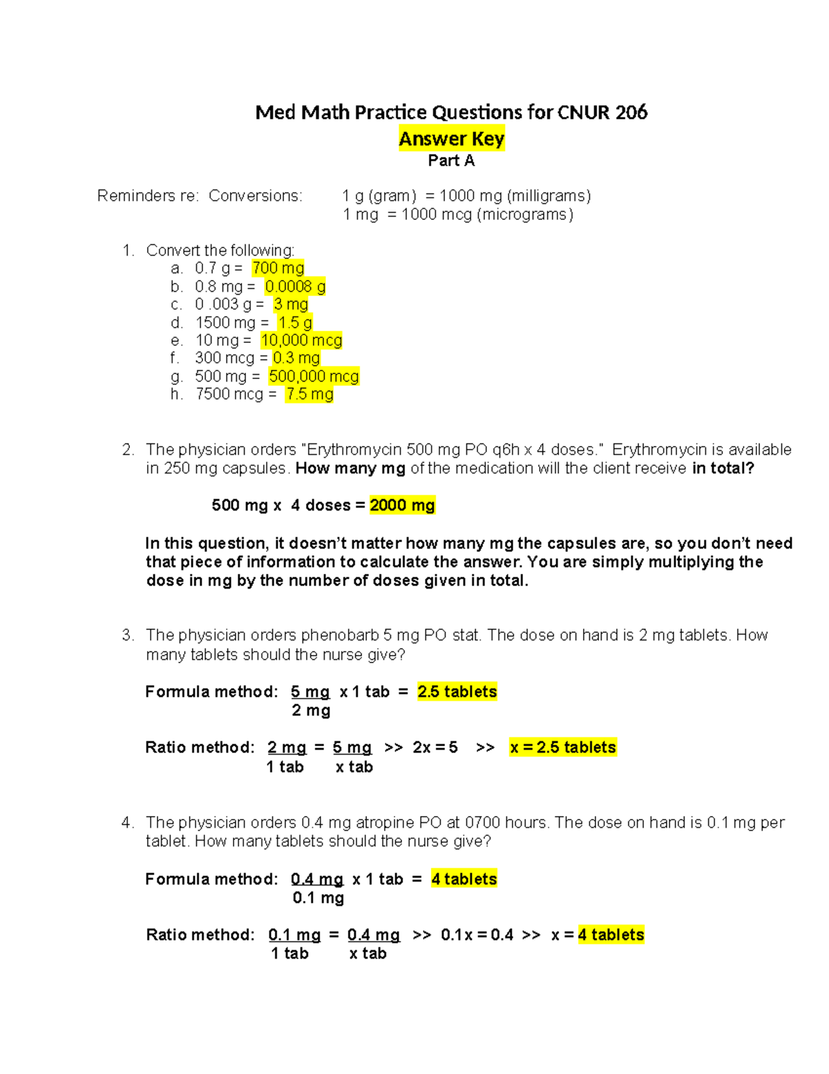 Answer Key - Med Math Practice Questions for CNUR 206 - Studocu