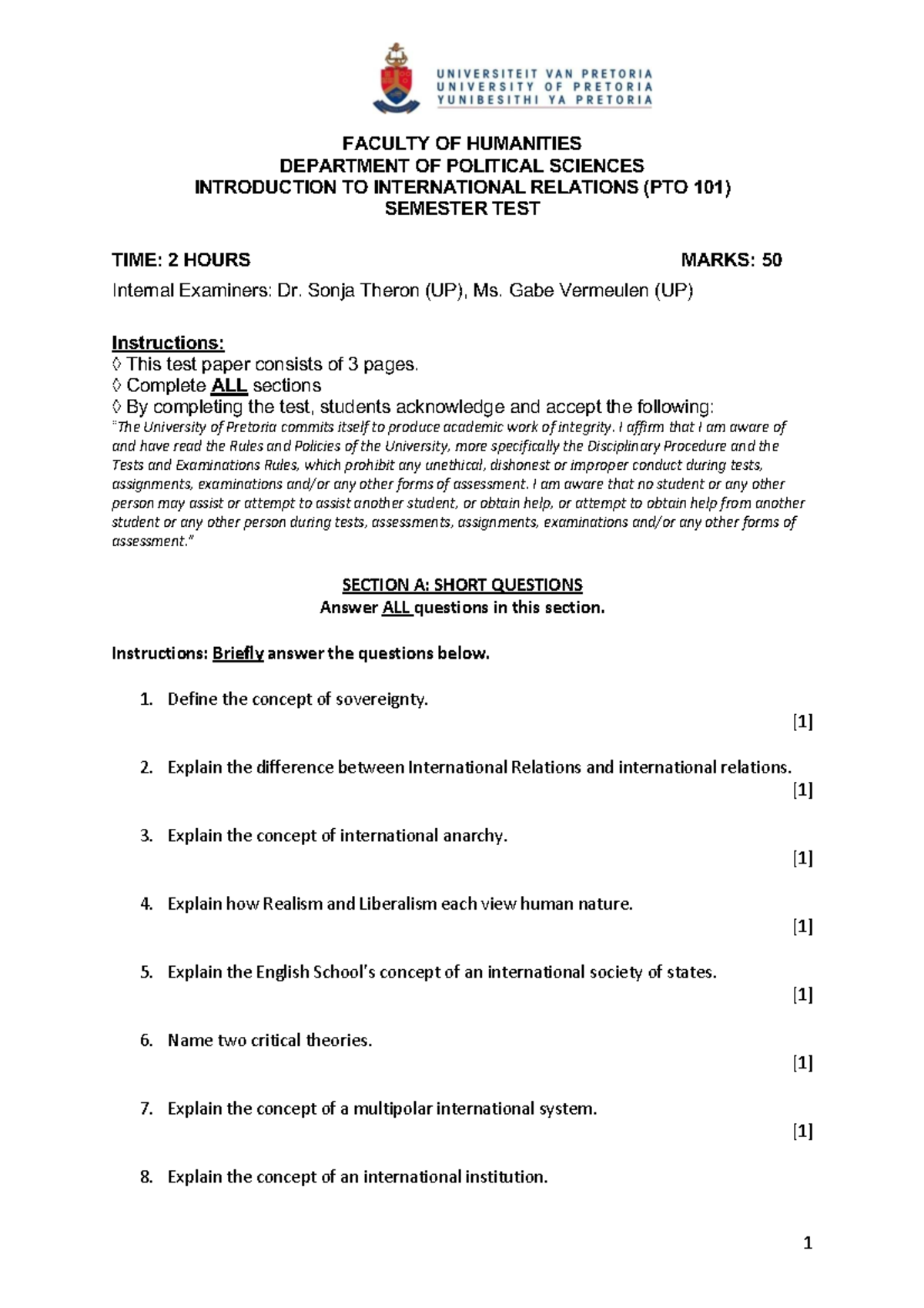 PTO 101 Sep 2022 Semester Test: Introduction to International Relations ...