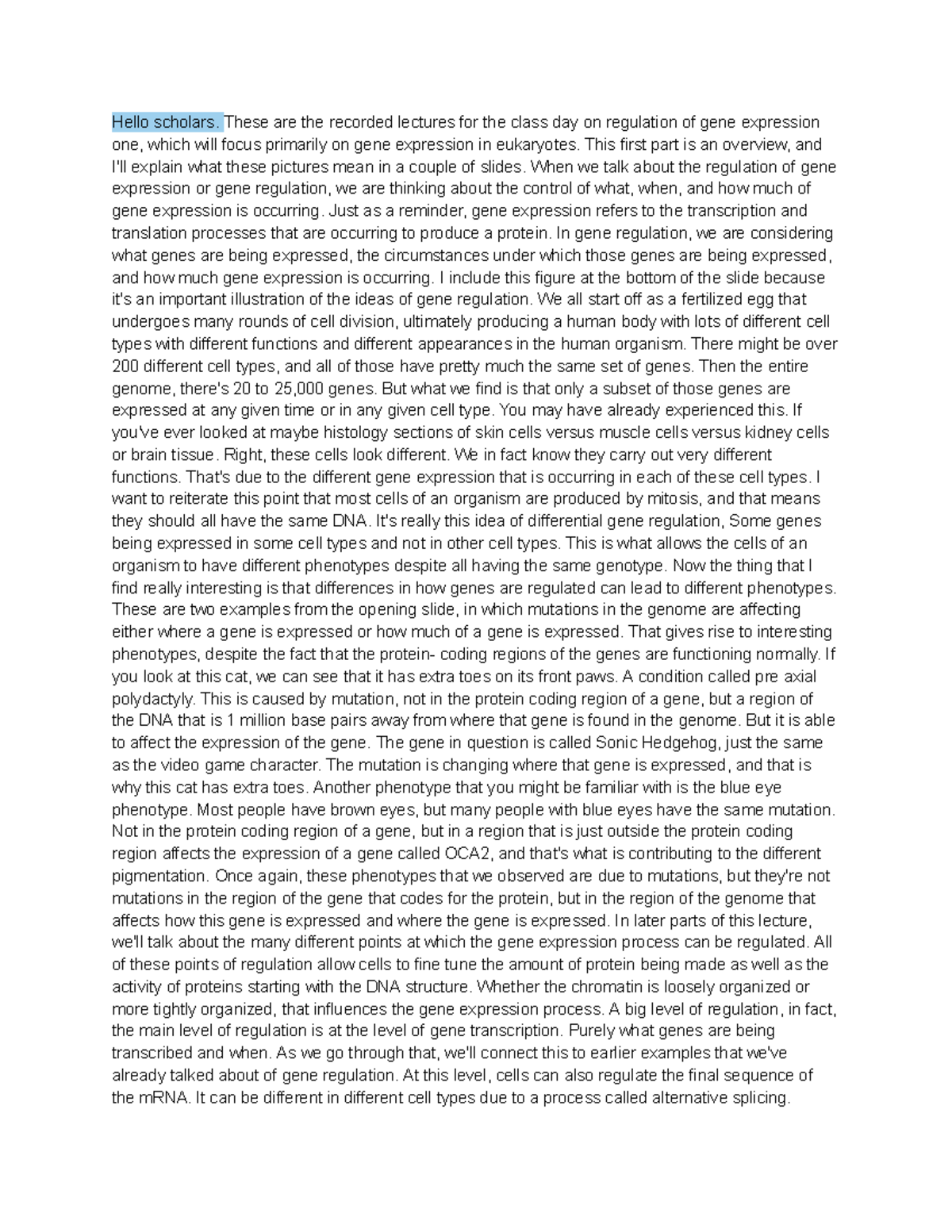 Final Exam Lecture Notes: PCA & Regulation of Gene Expression I - Studocu