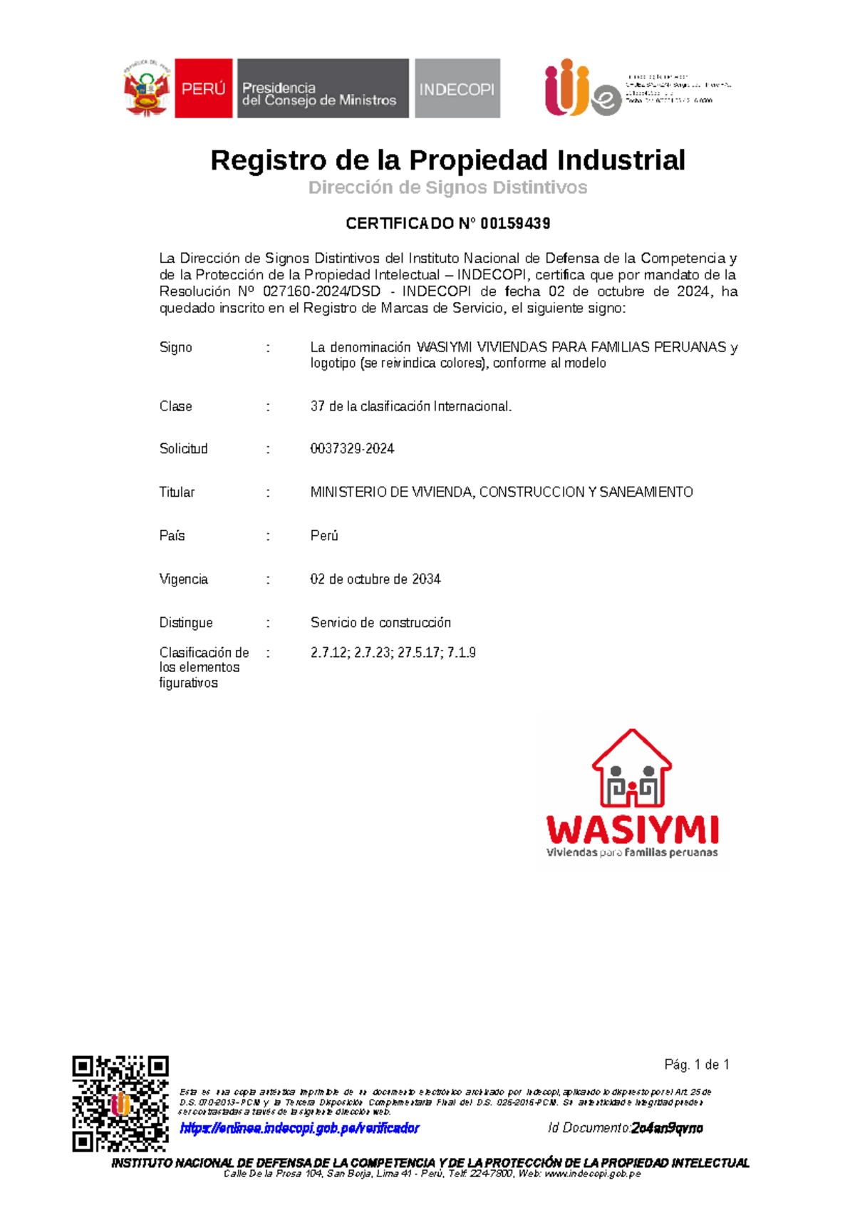 Certificado N° 00159439 - Resolución N° 027160-2024/DSD- INDECOPI - Document Preview