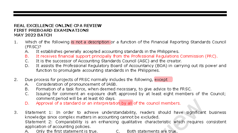 REAL EXCELLENCE ONLINE CPA REVIEW FIRST PREBOARD EXAM MAY 2022 BATCH ...