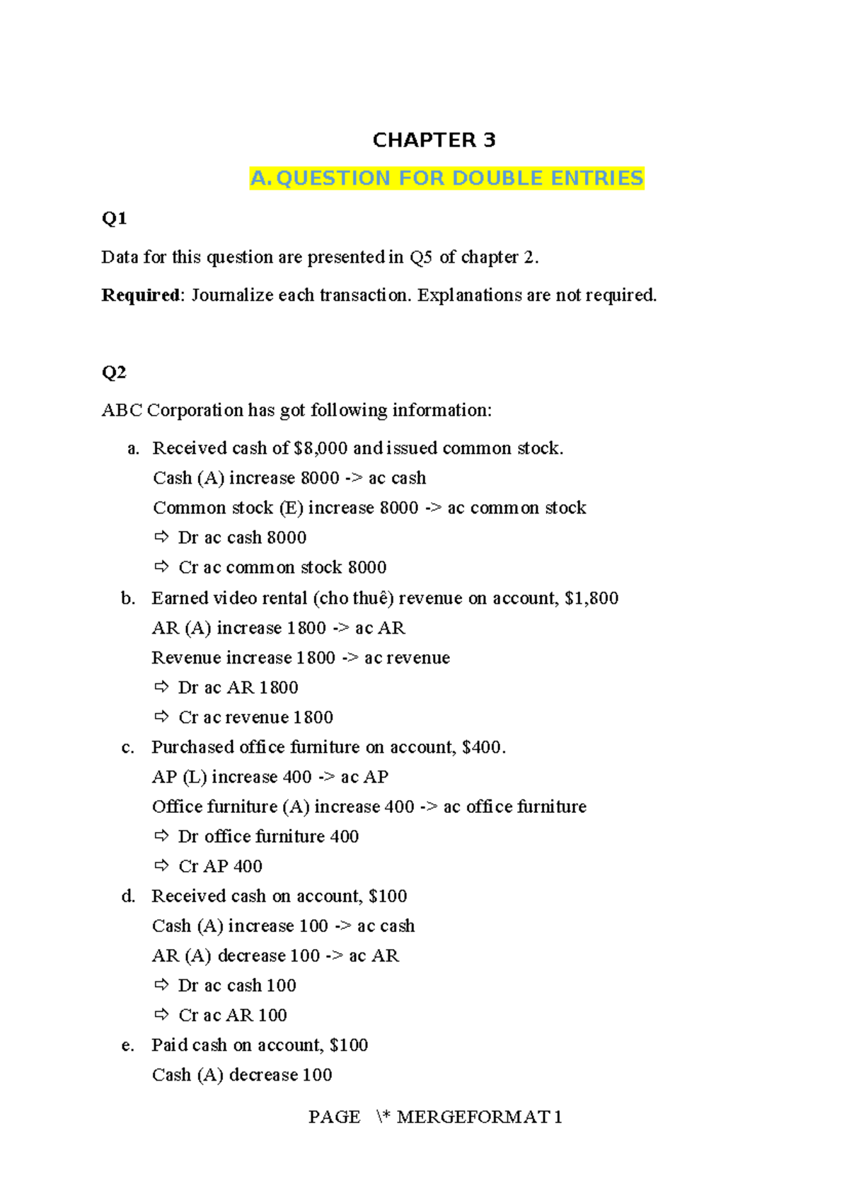 CHAPTER 3 QUESTIONS FOR DOUBLE ENTRIES - FINAL EXAM - Studocu