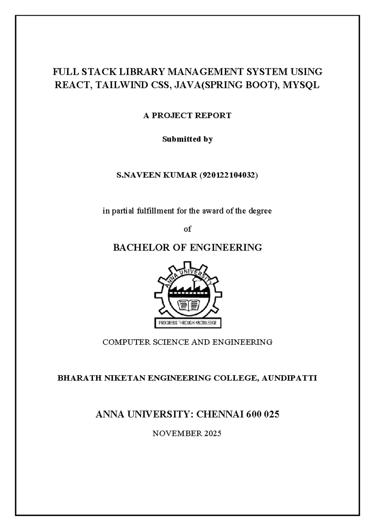 Full Stack Library Management System Project Report (CSE 920122104032 ...