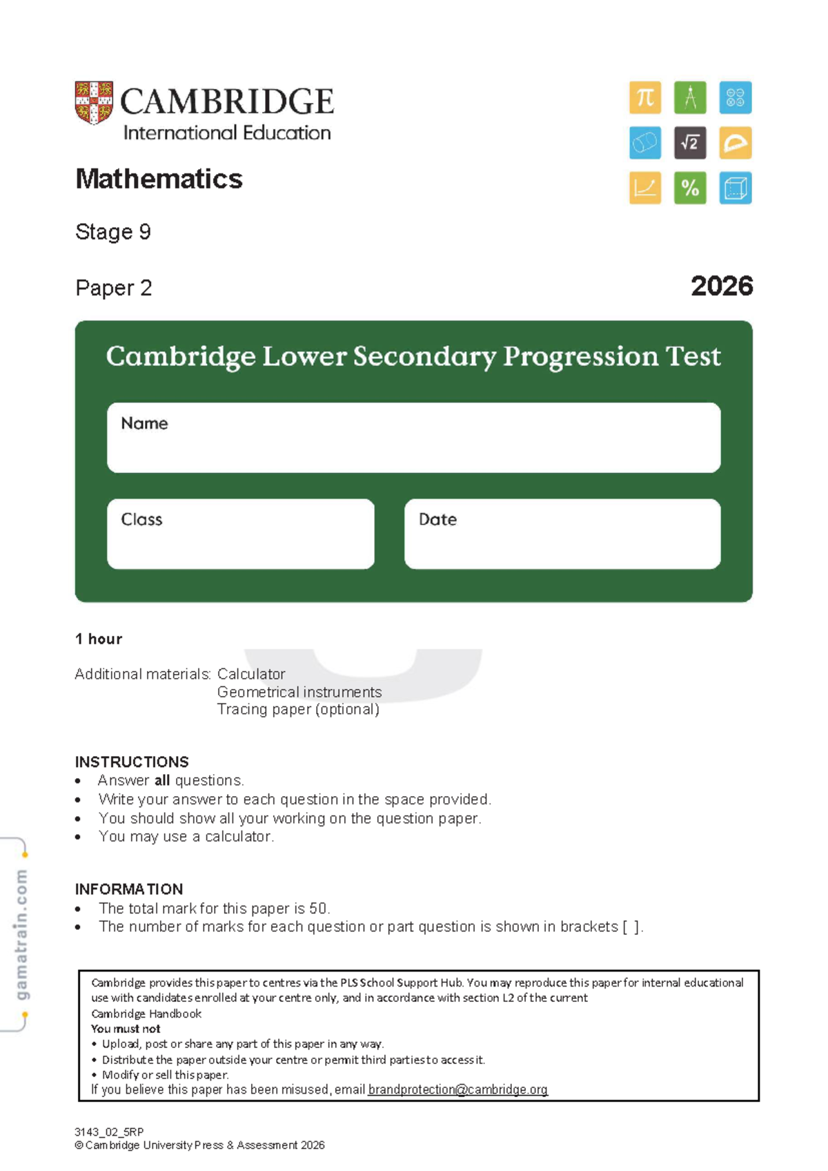 Mathematics Stage 9 Practice Test Paper 2 2026 - Studocu