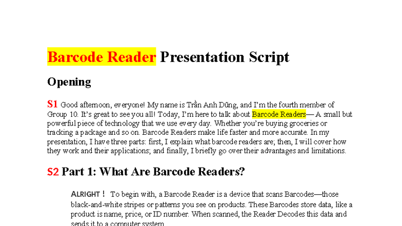 Barcode Reader Presentation Script - Cuối Kỳ S1 - Studocu