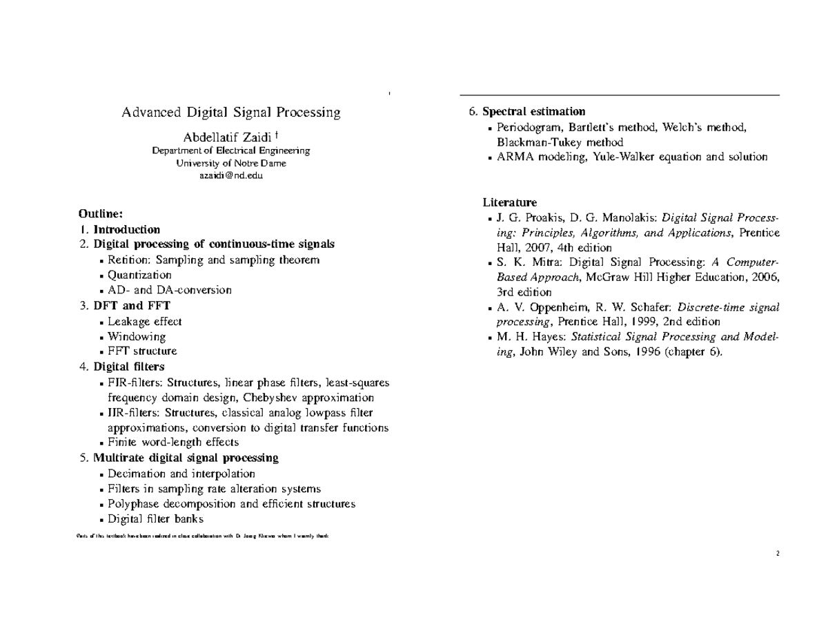 ADSP Lecture Notes: Advanced Digital Signal Processing (CEC332) - Studocu