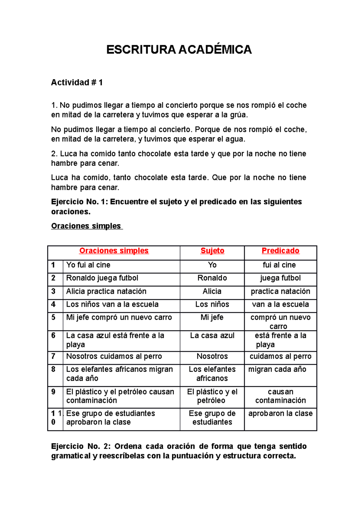 Activad # 1 - ejercicios - ESCRITURA ACADÉMICA Actividad # 1 1. No ...