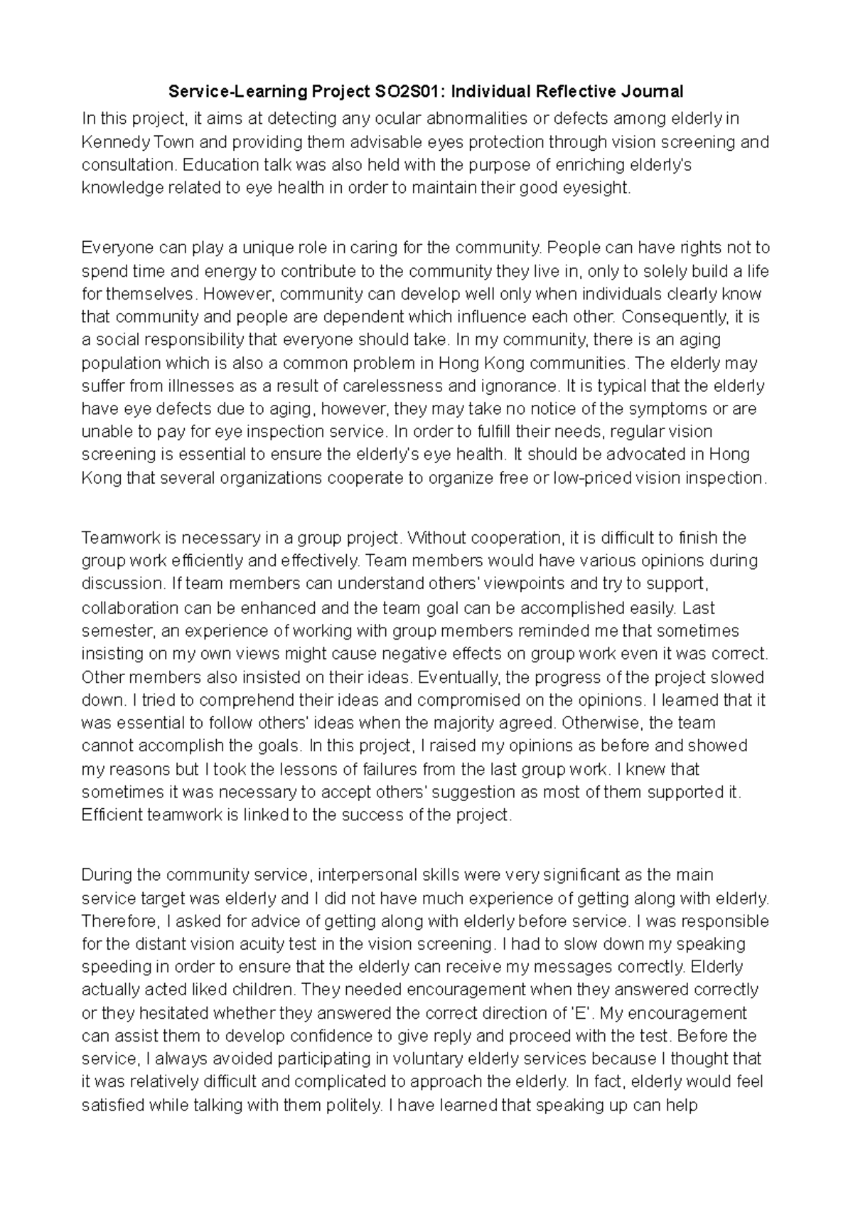 SO2S01 - Reflections on Service-Learning Project for Elderly Care - Studocu