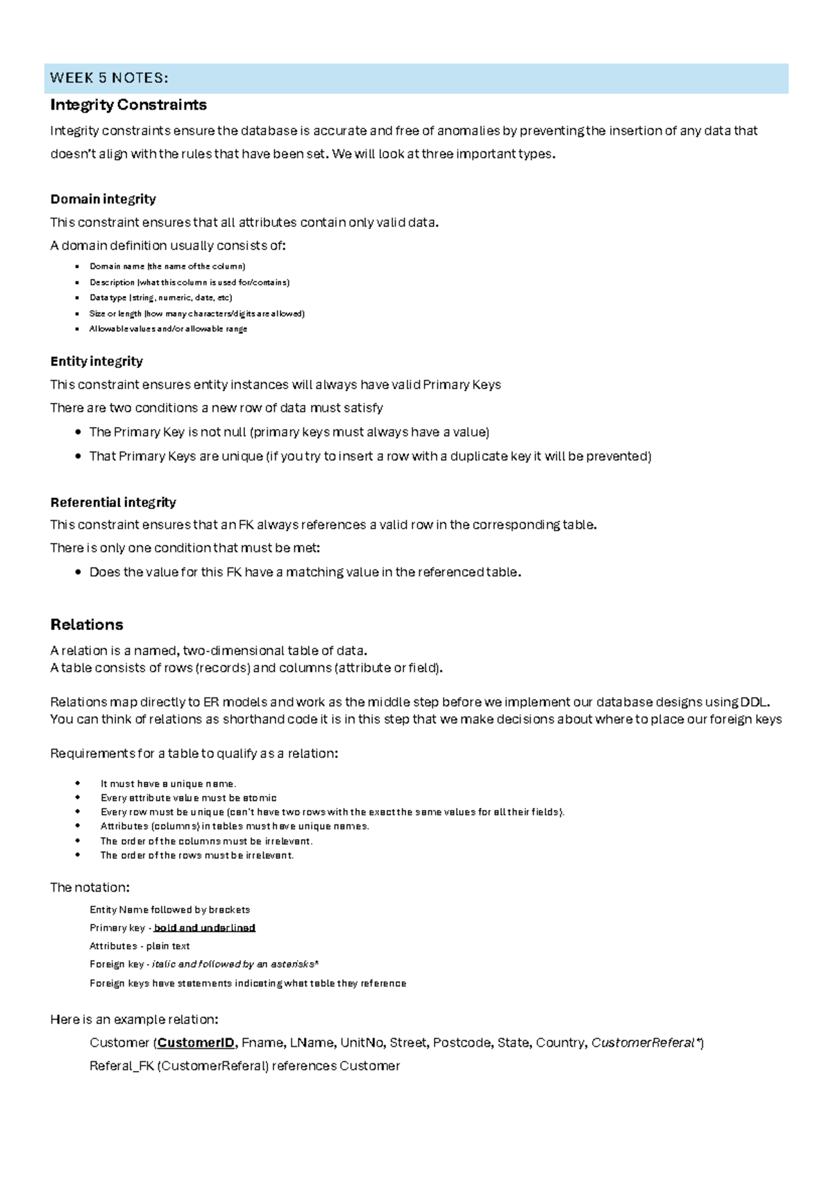WEEK 5 NOTES: Understanding Integrity Constraints in Databases - Studocu