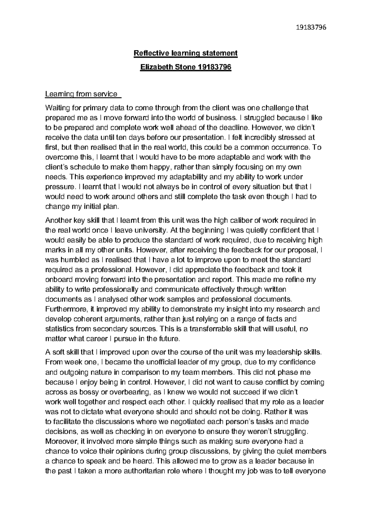 19183796 Reflective Learning Statement: Insights from Team ...