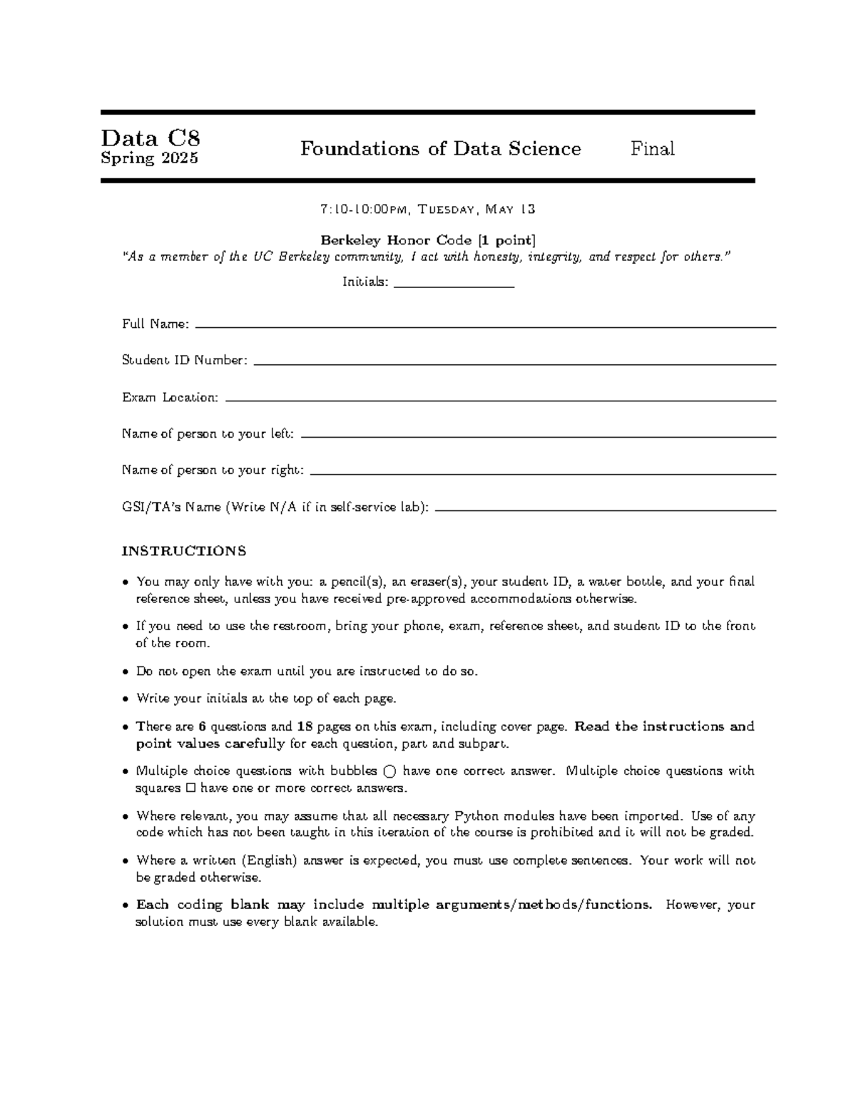 Data 8 Spring 2025 Final Exam Instructions and Questions - Studocu