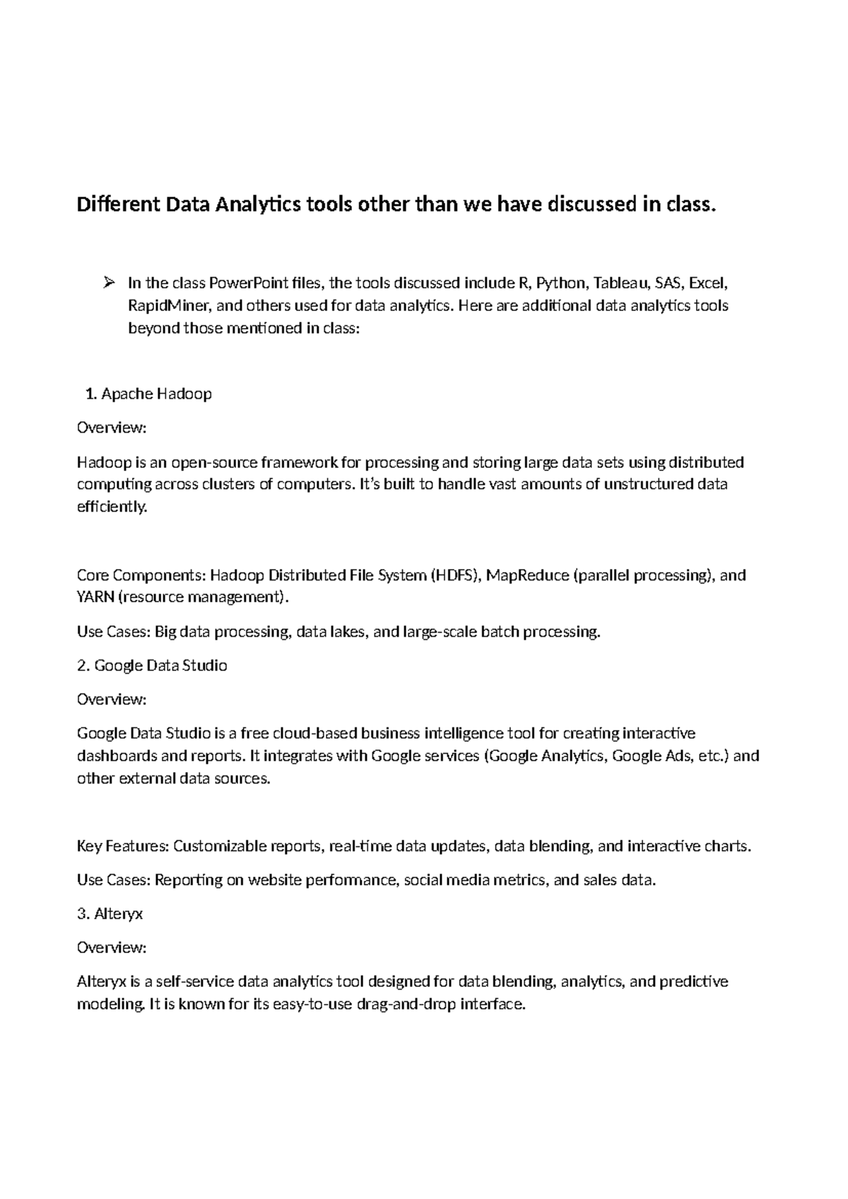 Additional Data Analytics Tools Beyond Class Discussion (DATA 101 ...