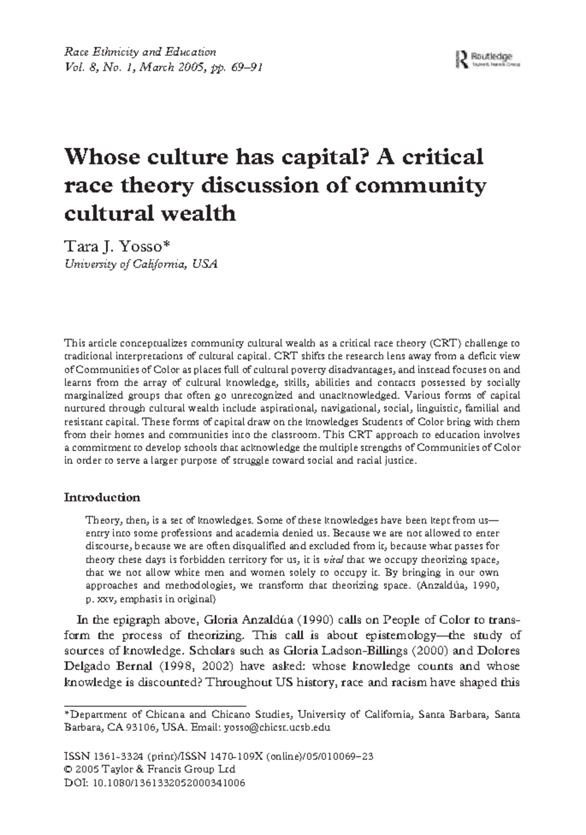 CREE080105: Whose Culture Has Capital? A Critical Race Theory Analysis ...