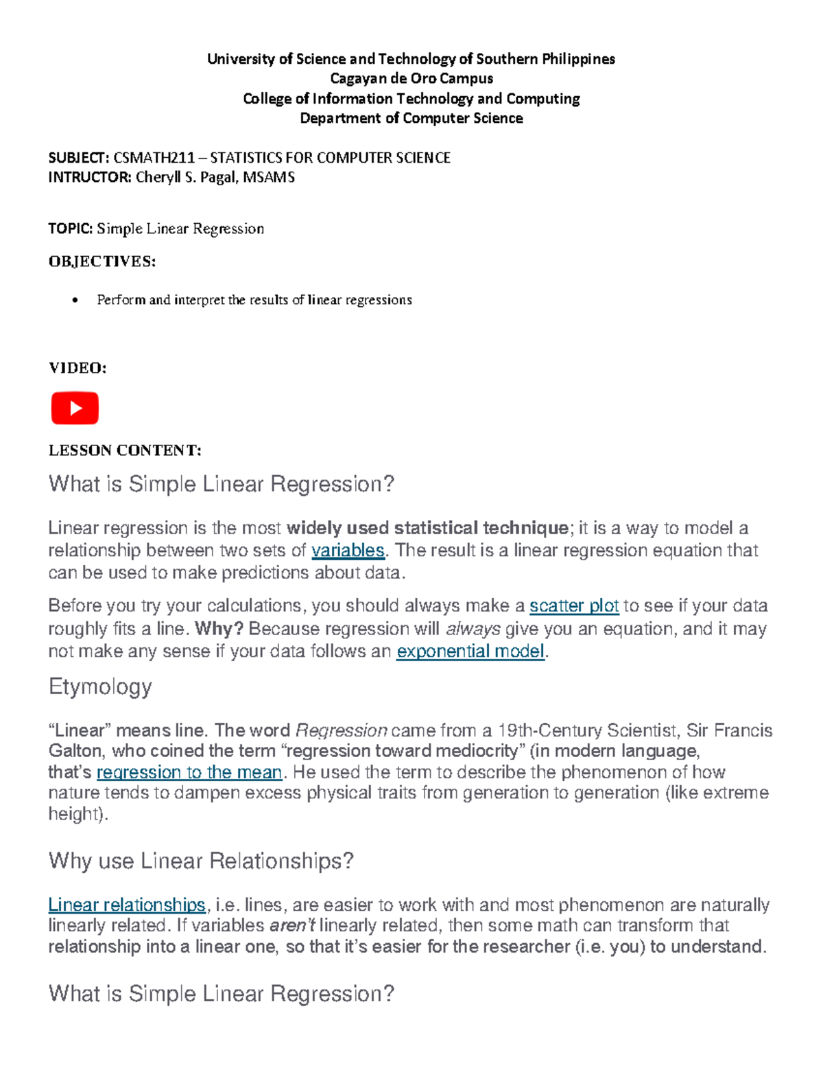Csmath 211 Lecture 10 Simple Linear Regression - University of Science ...