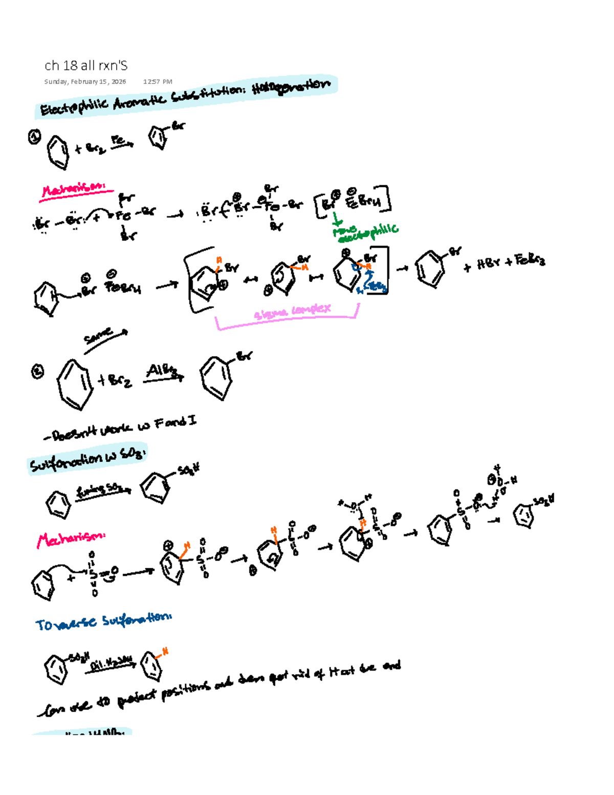 Ch 18 Electrophilic Aromatic Substitution: Rxn Notes - Studocu