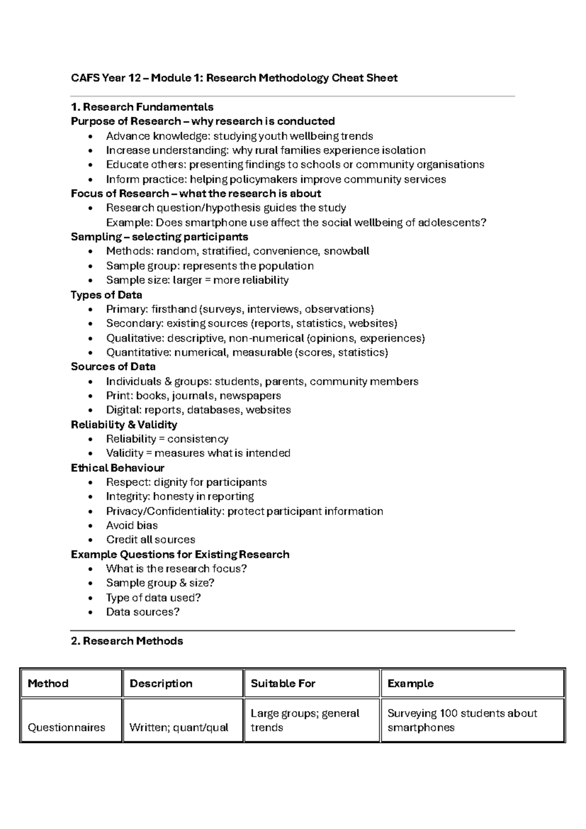 CAFS Year 12 Module 1: Research Methodology Cheat Sheet - Studocu