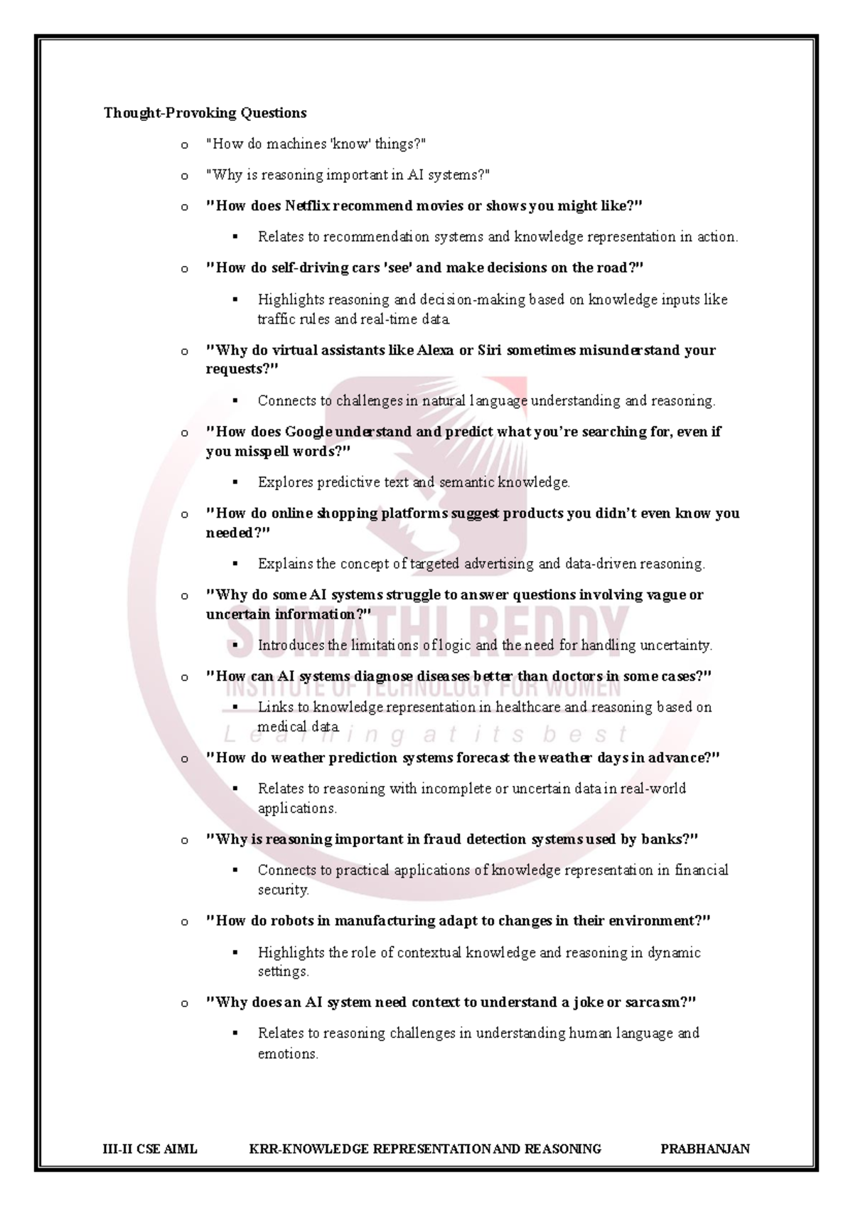 CSE AIML REPRESENTATION AND REASONING: UNIT 1 LECTURE NOTES - Studocu
