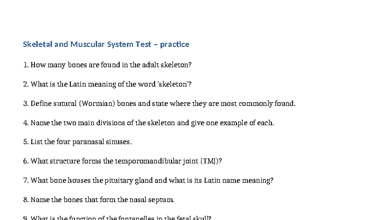 Skeletal & Muscular System Test Practice 1 (Course Code: Skeletal 1 ...