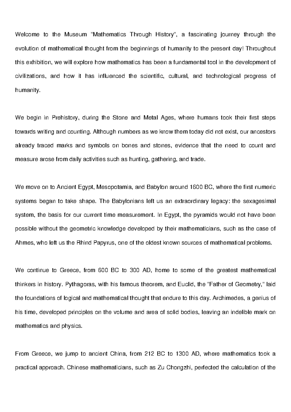 Mathematics Through History - Welcome to the Museum 