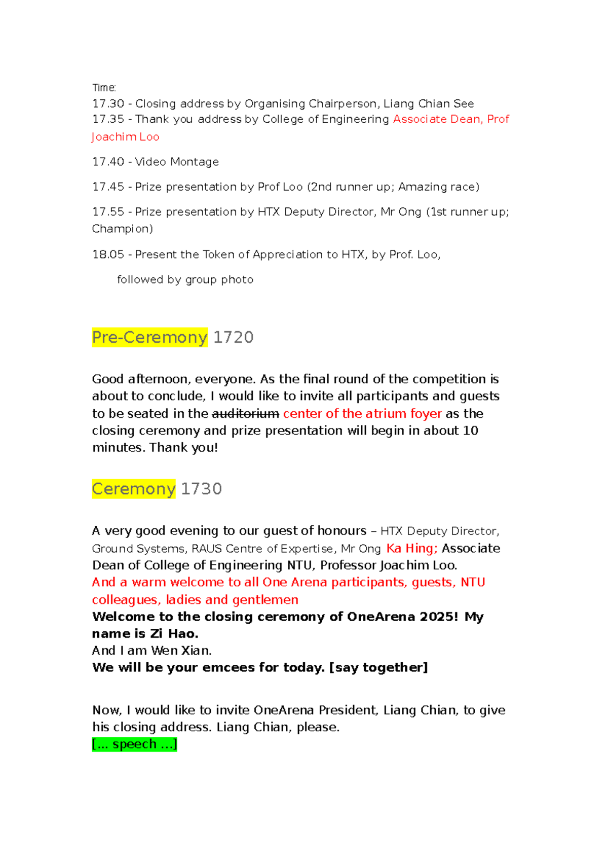 OneArena 2025 Closing Ceremony Emcee Script - Studocu