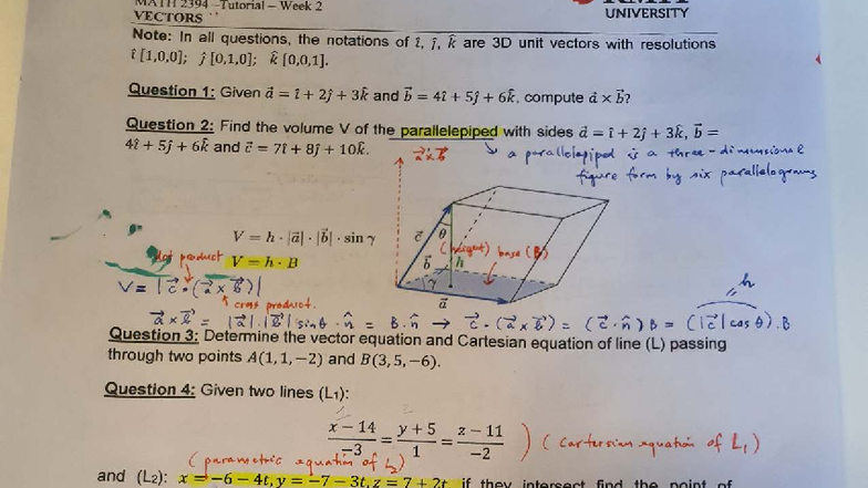 MATH 2394 Tutorial Week 2 Solutions: Vectors and Geometry - Studocu