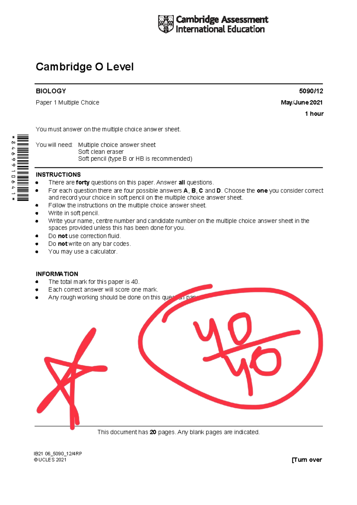 Cambridge O Level BIOLOGY 5090/21 Paper 1 MCQ Revision Guide - Studocu