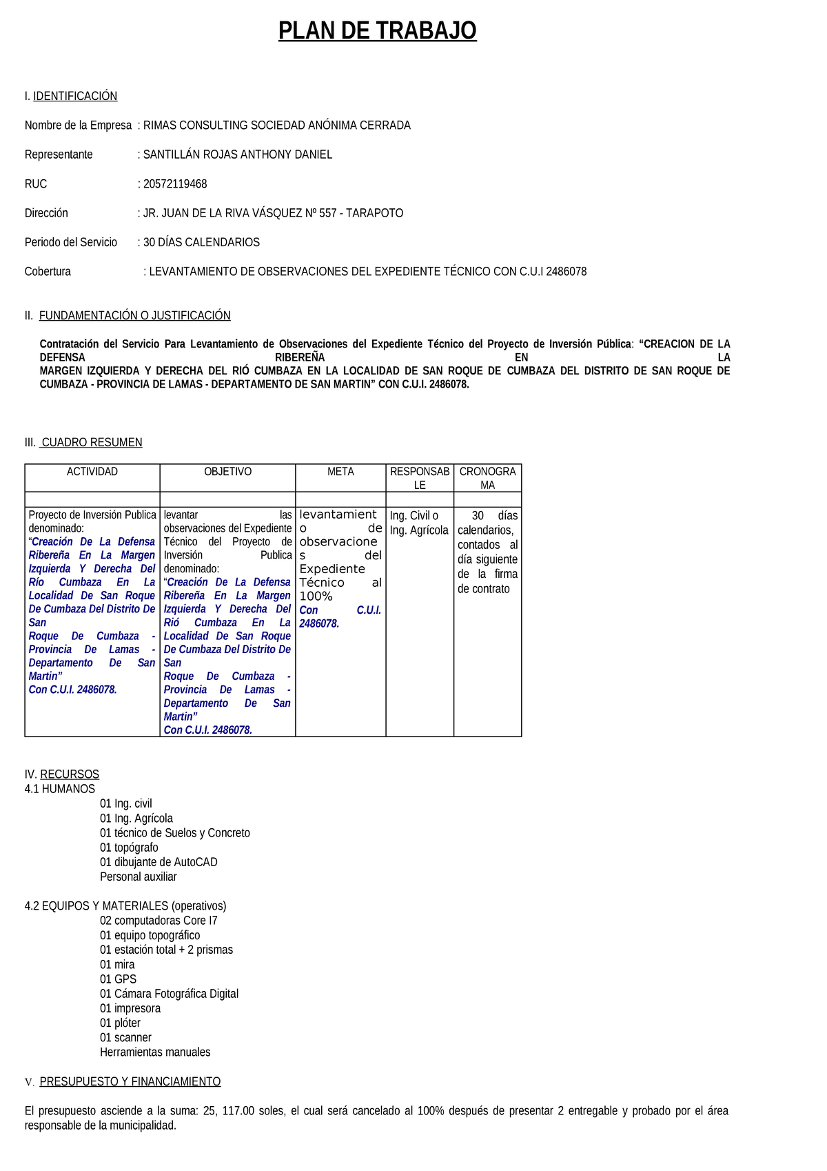 PLAN DE TRABAJO PARA LEVANTAMIENTO DE OBSERVACIONES CUI 2486078 - Document Preview