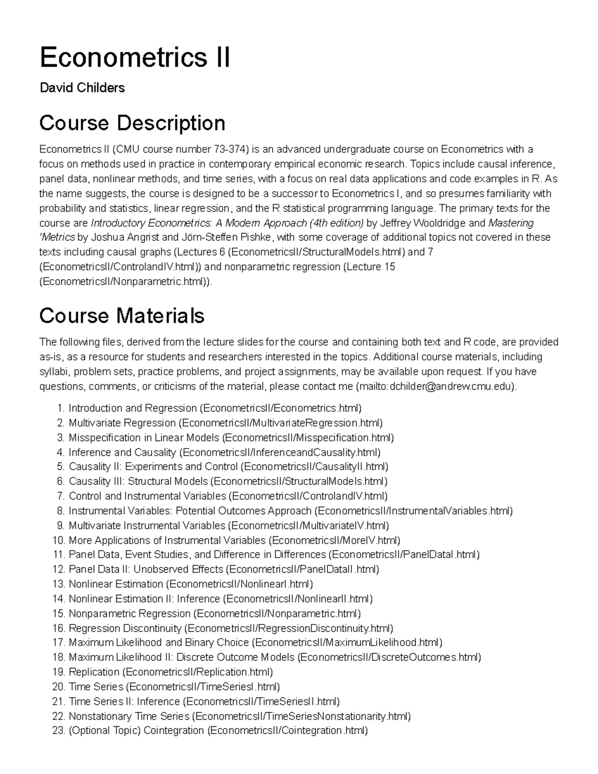 73-374 Econometrics II Course Syllabus and Materials Overview - Studocu
