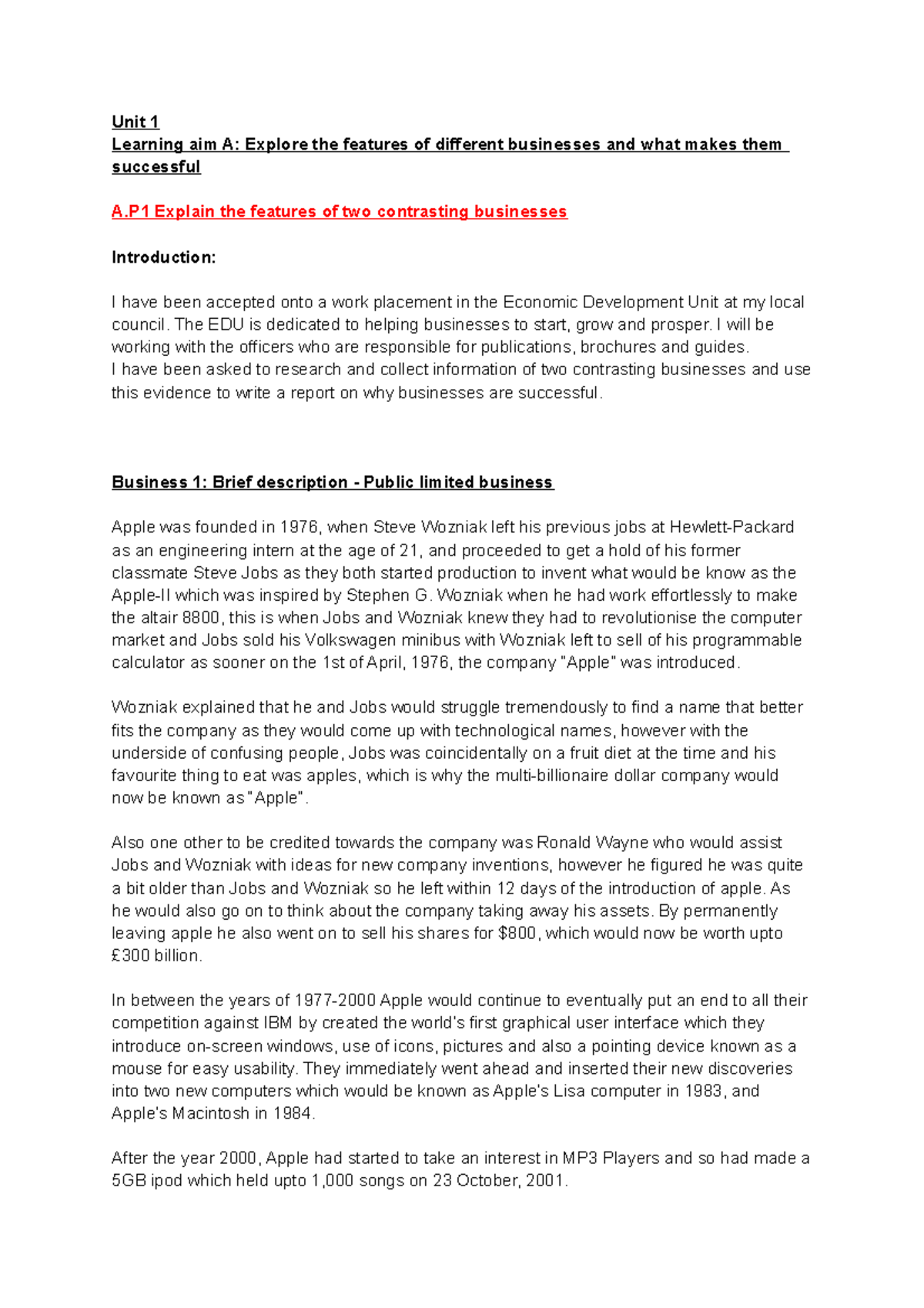 Unit 1 Learning Aim A: Features of Successful Businesses - Studocu