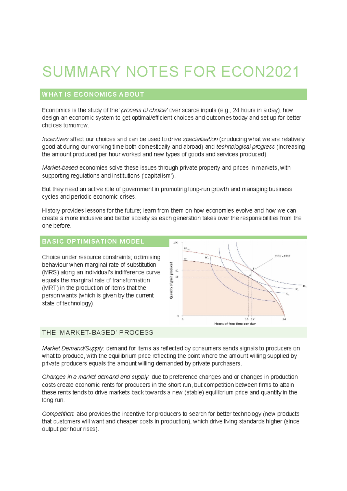 Summary Notes for ECON2021: Key Concepts and Insights - Studocu