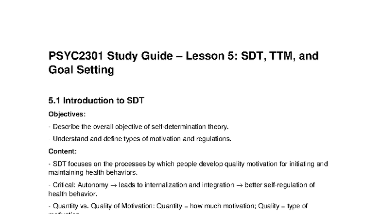 PSYC2301 Study Guide: Lesson 5 on SDT, TTM, and Goal Setting - Studocu
