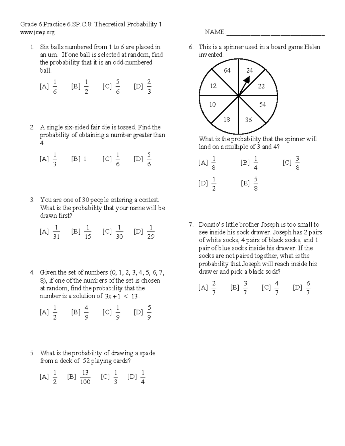 Grade 6 Practice 6.SP.C: Theoretical Probability Exercises - Studocu