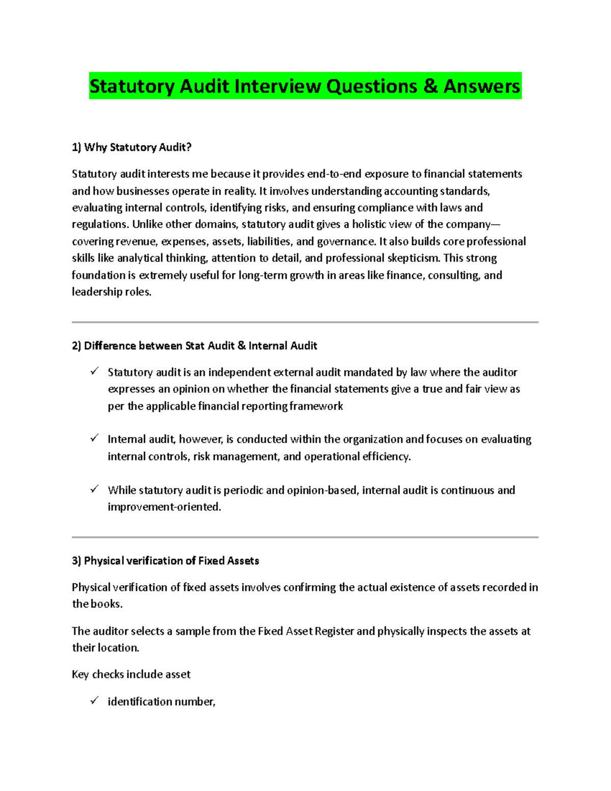 Statutory Audit Interview Q&A: Key Concepts & Procedures - Studocu