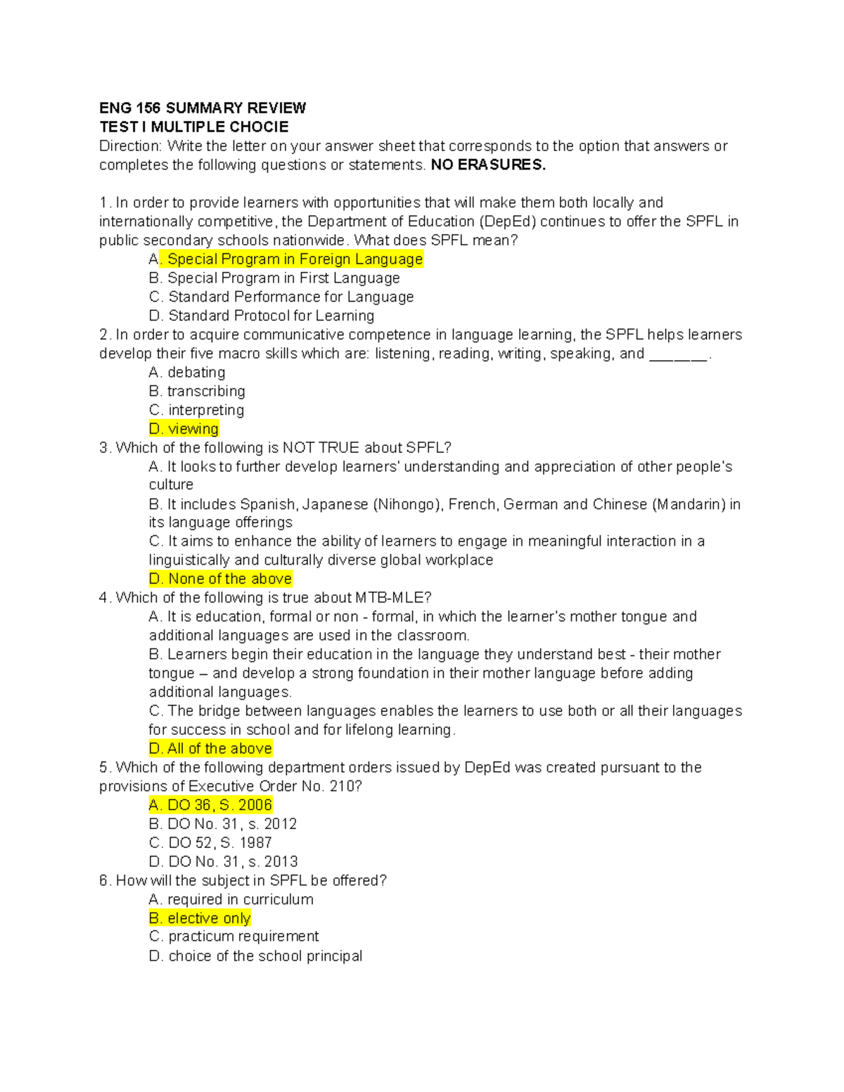 ENG 156 Summary Review for Test I: Multiple Choice Questions - Studocu