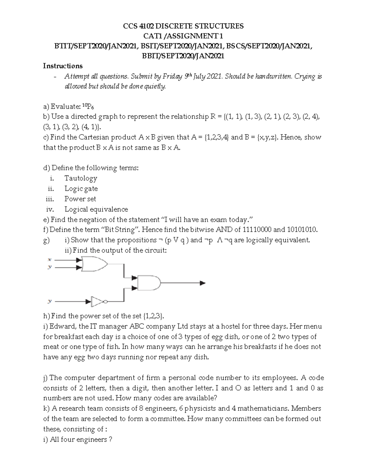 CCS 4102 Discrete Structures CAT1 Assignment 1 - CCS 4102 DISCRETE ...