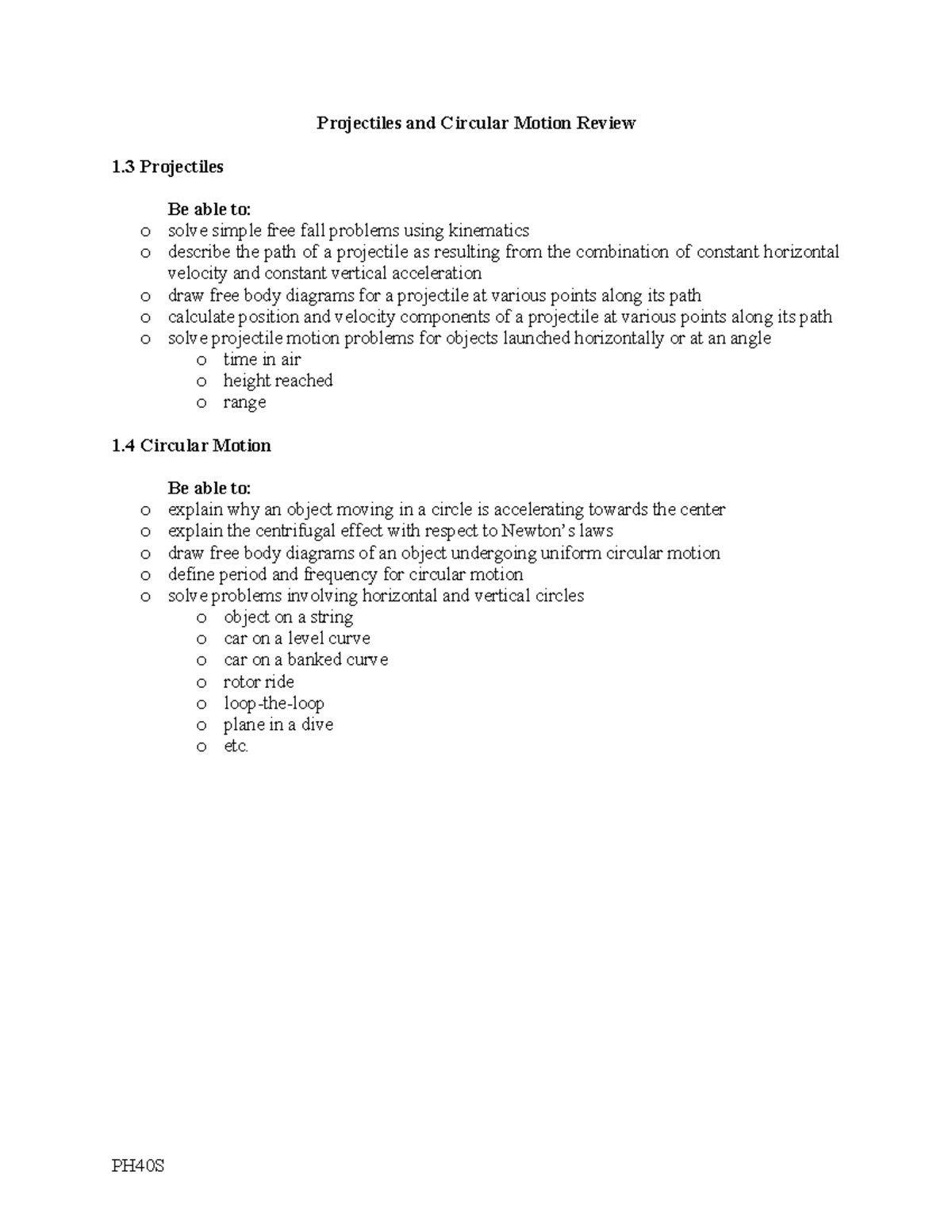 PH40S Projectile and Circular Motion Review Notes - Studocu