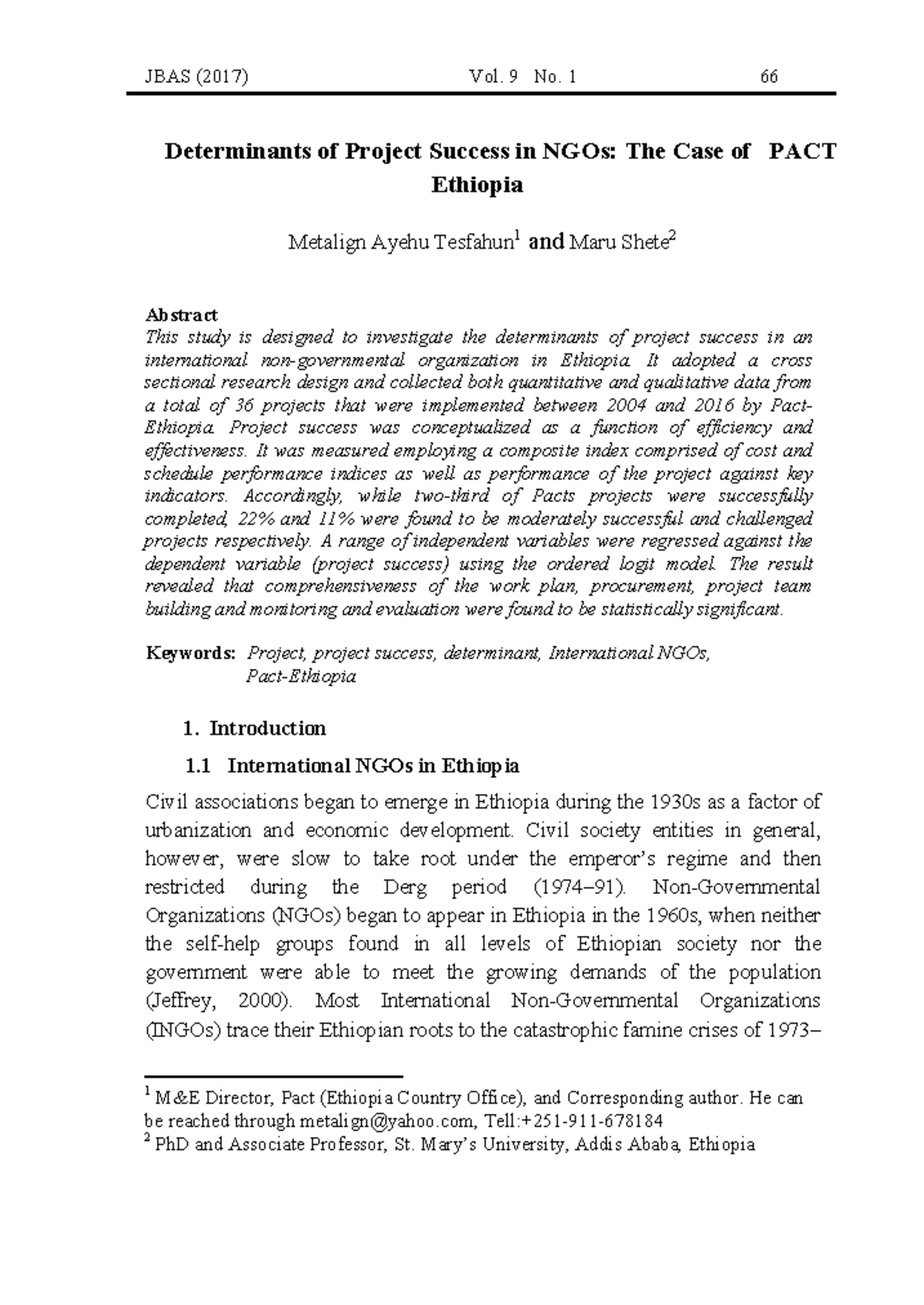 Determinants of Project Success in NGOs: A Case Study of Pact-Ethiopia ...