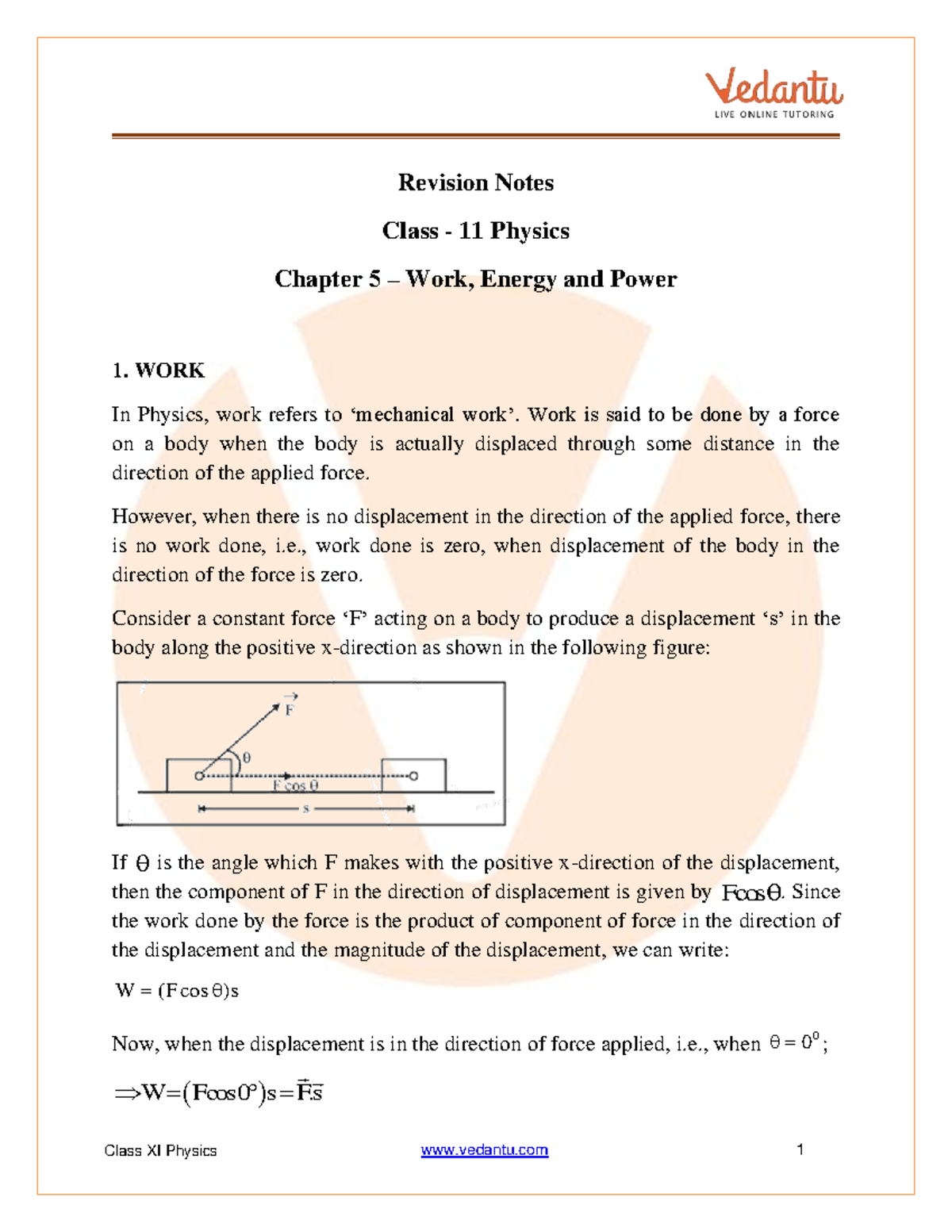 Work, Energy, and Power Class 11 Physics Revision Notes - Studocu
