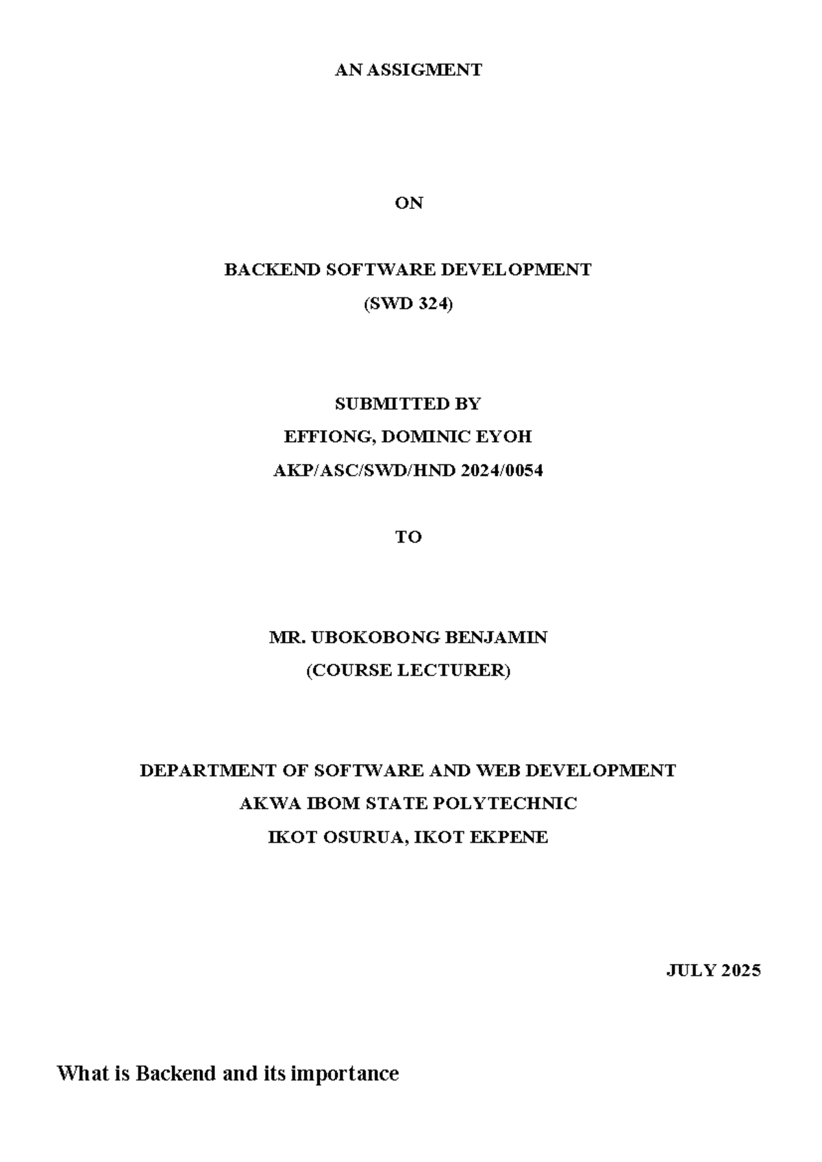 Backend Software Development Overview (SWD 324) - Assignment by Effiong ...