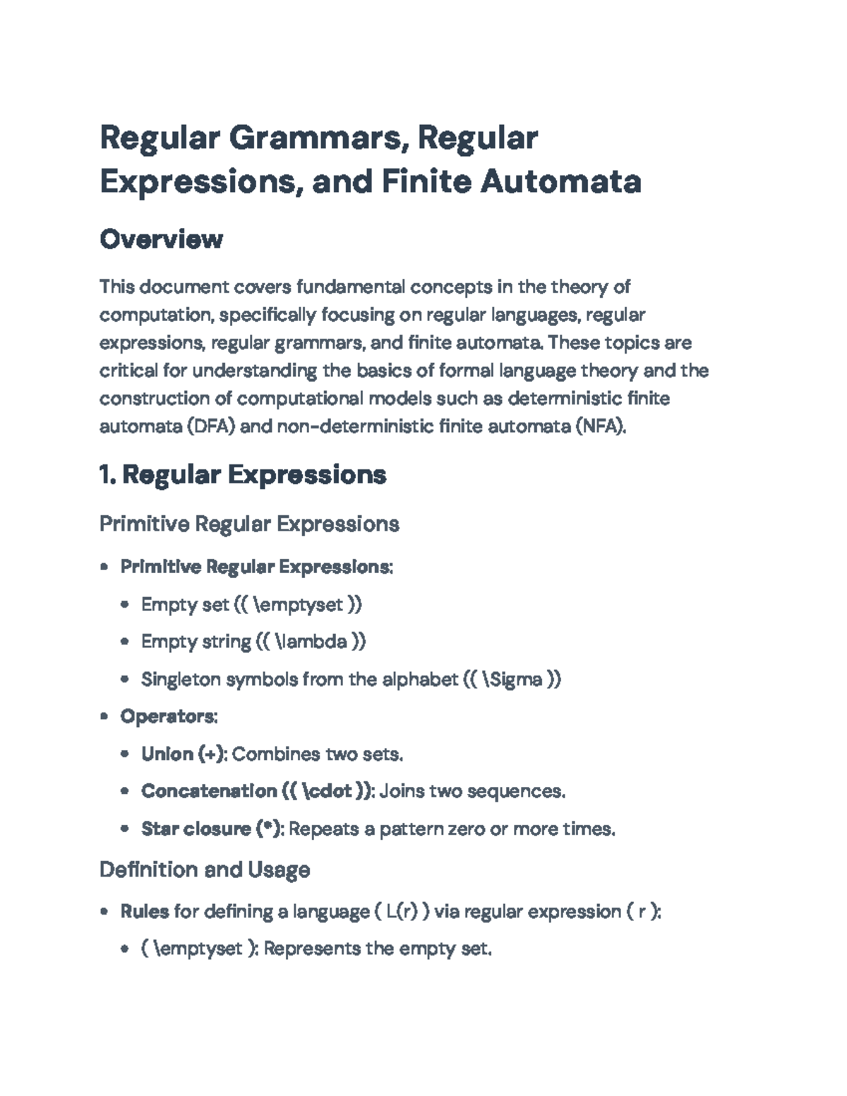 Regular Languages, Grammars, and Finite Automata: Theory Overview ...