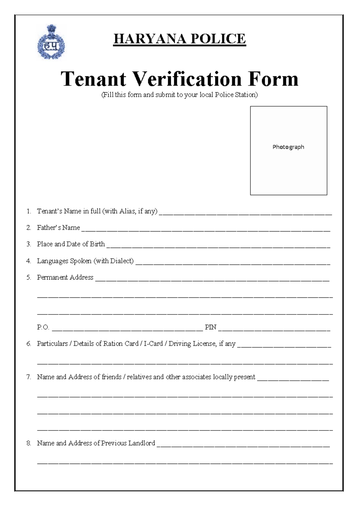 HARYANA POLICE Tenant Verification Form Submission Guidelines - Studocu