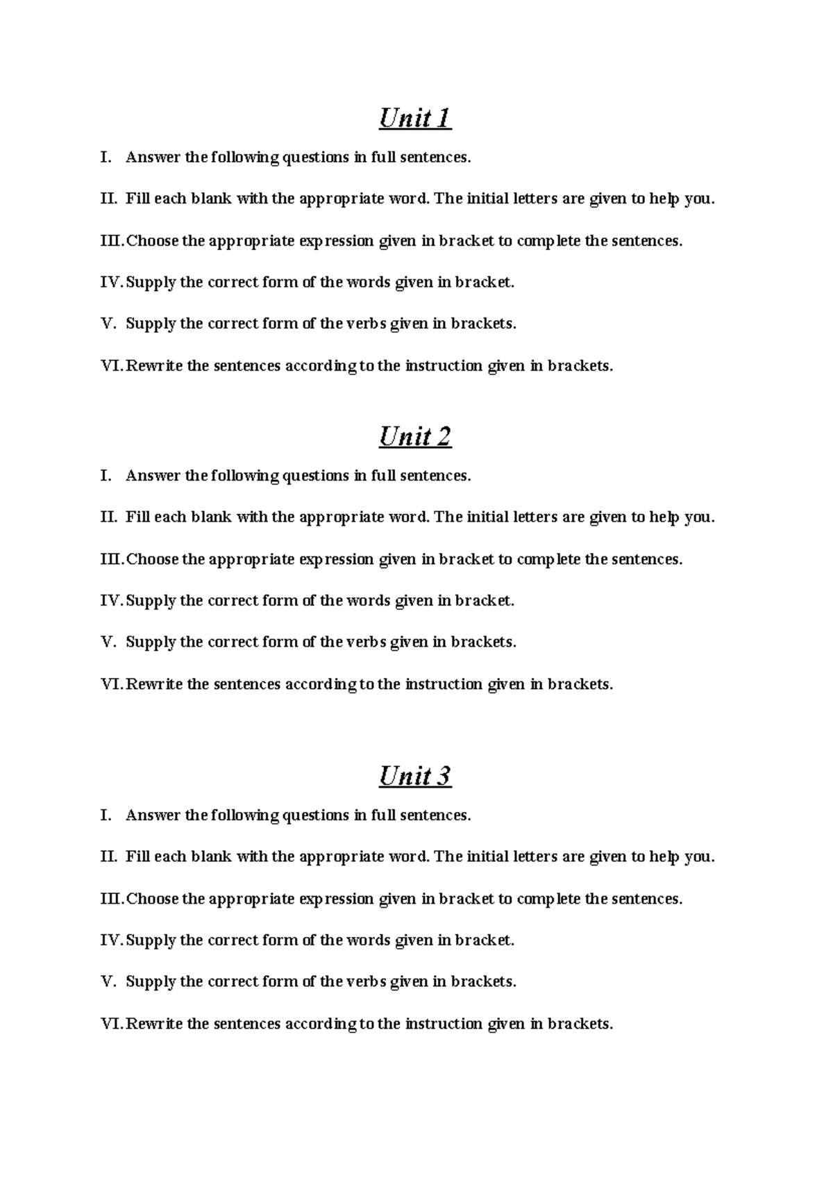 Complementary Exercises for Units 1-12: Fill in the Blanks & More - Studocu