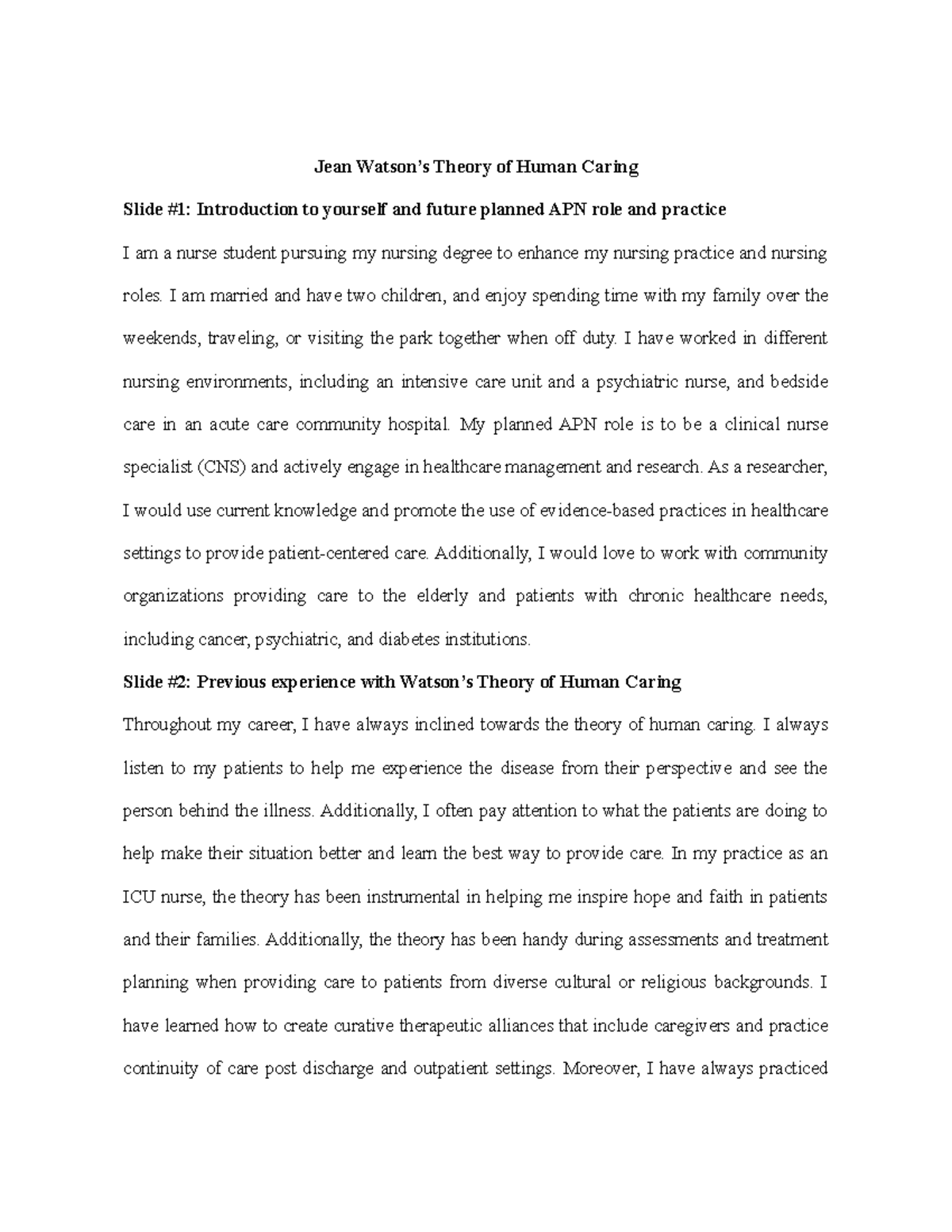 Theory of Human Caring on an APRN Role Student Presentation ...