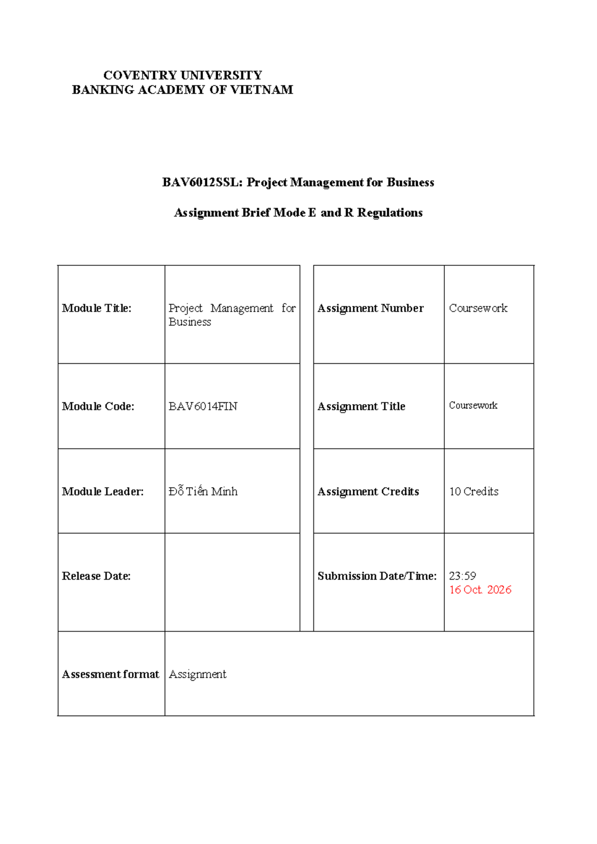 BAV6012SSL: Project Management for Business - Assignment Brief - Studocu