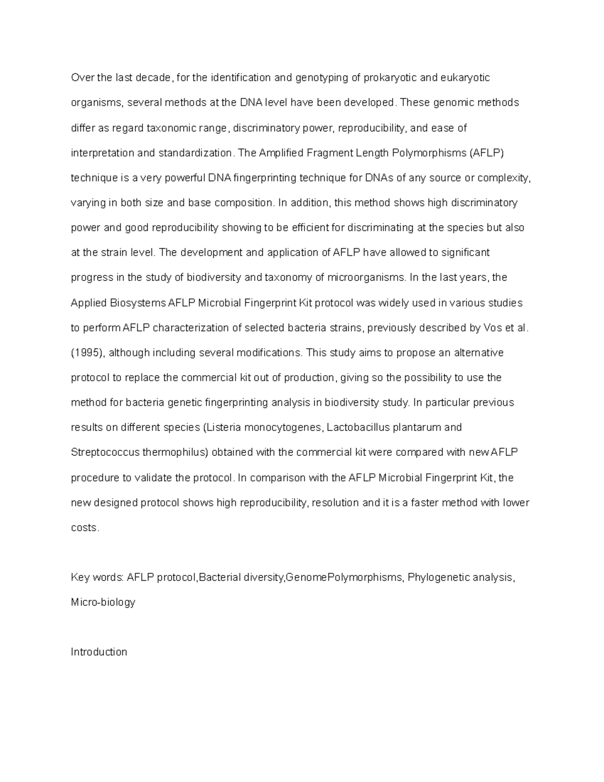 The Use of AFLP for DNA Fingerprinting - Over the last decade, for the ...
