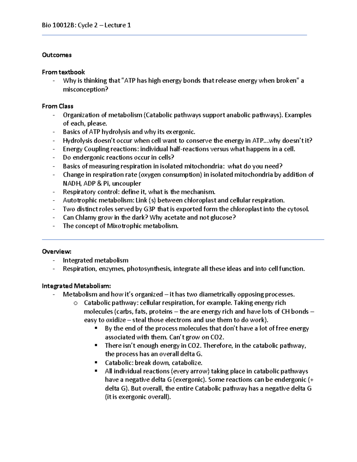 Bio 1002B - Integrated Metabolism and Cellular Respiration Insights ...