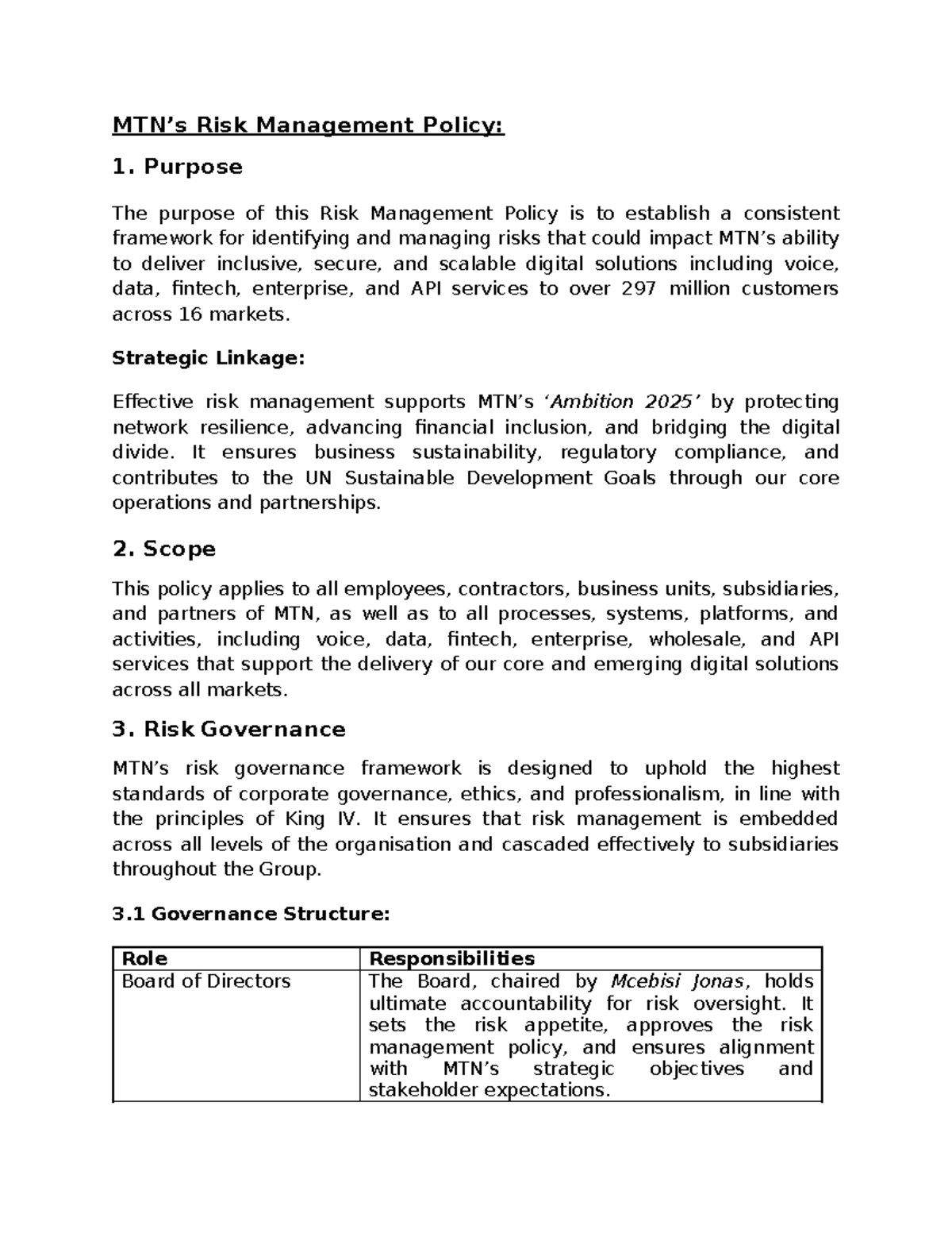 MTN Risk Management Policy: Framework for Digital Solutions - Studocu