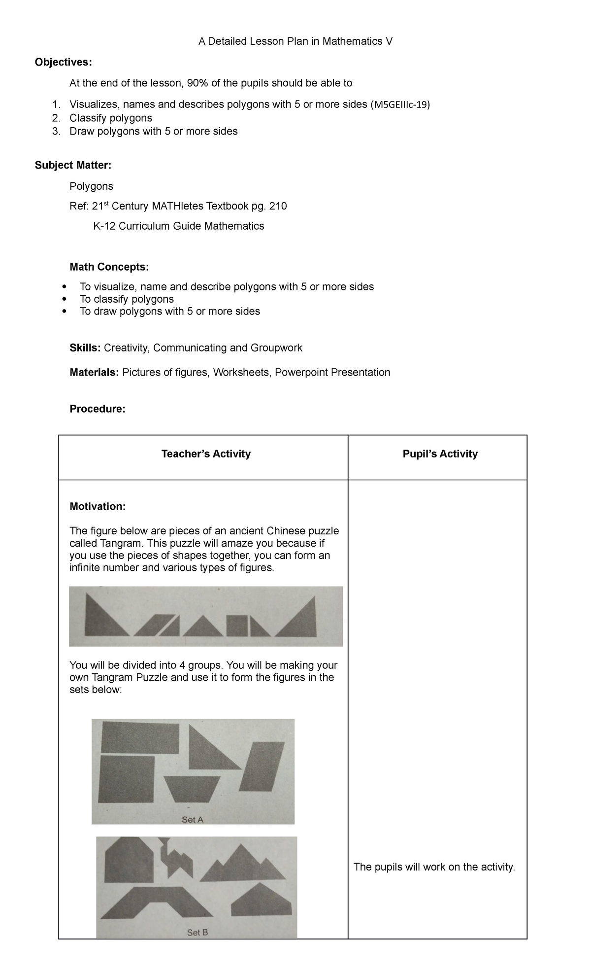 Detailed Lesson Plan for Mathematics V: Focus on Polygons - Studocu