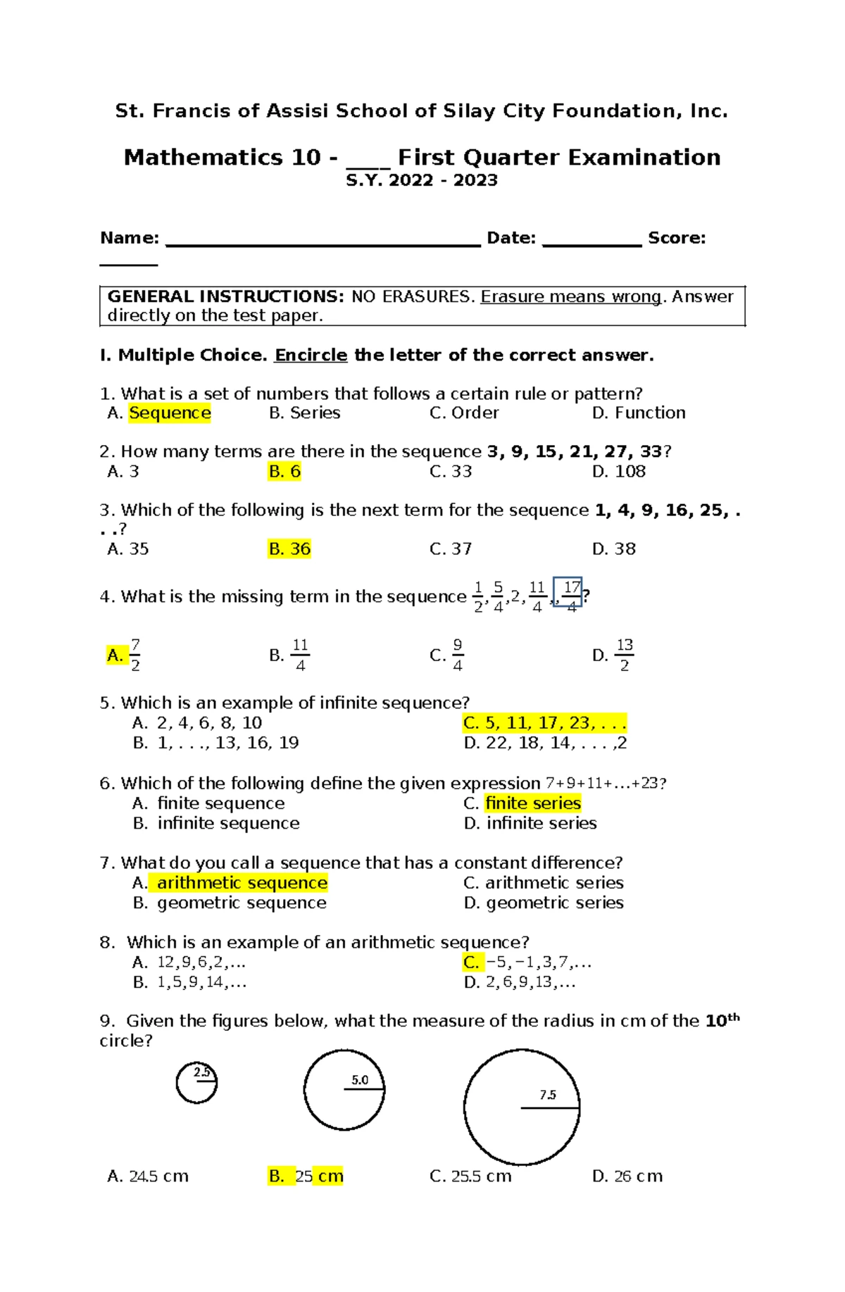 Mathematics 10 - First Quarter Exam SY 2022-2023 - Studocu